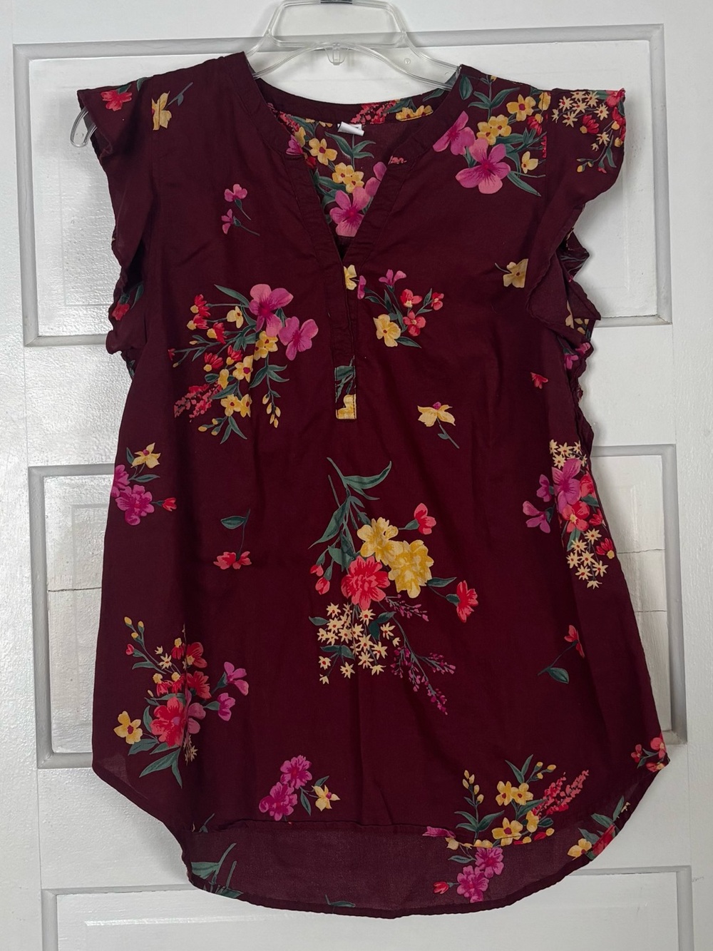 Old Navy Burgundy Floral Split-Neck Flutter Sleeve Top